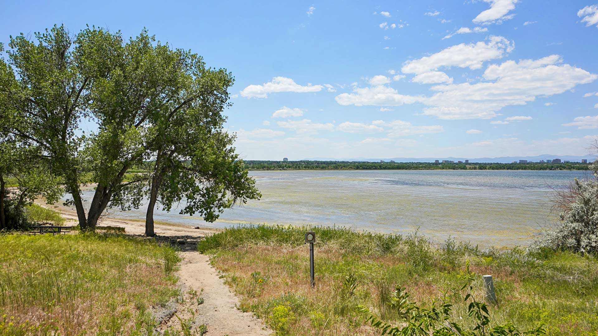 View of Cherry Creek Reservoir with lakeside trail, mature trees, open shoreline, and scenic outdoor recreation area near The Wright apartments.
