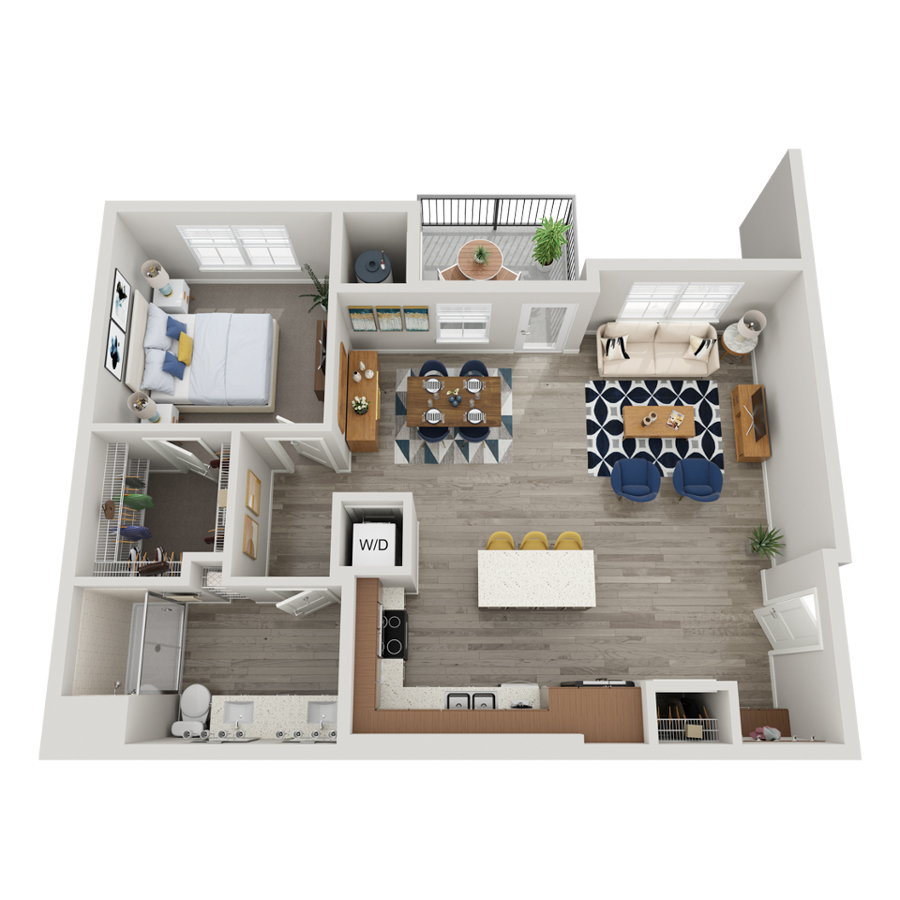 Rendering of the A6 floor plan with 1 bedroom[s] and 1 bathroom[s] at livethewright