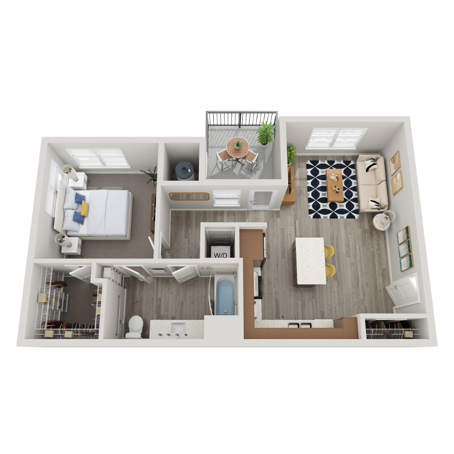Rendering of the A4-D floor plan with 1 bedroom[s] and 1 bathroom[s] at livethewright