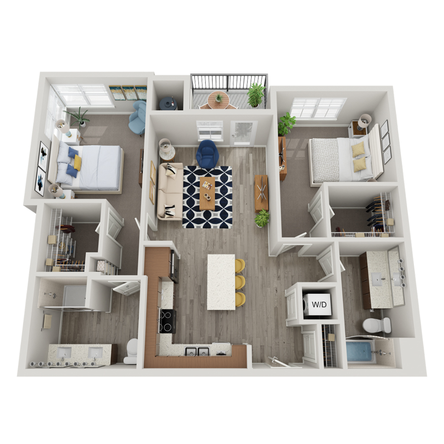 Rendering of the B2 floor plan with 2 bedroom[s] and 2 bathroom[s] at livethewright
