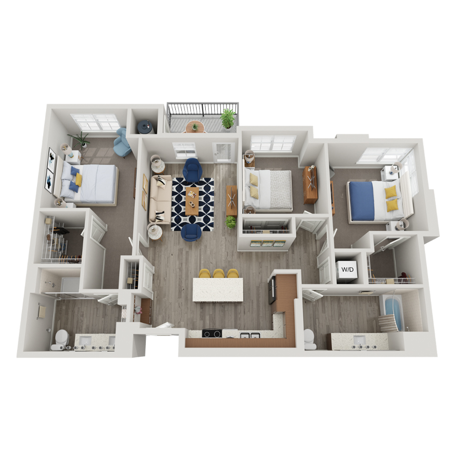 Rendering of the C1 floor plan with 3 bedroom[s] and 2 bathroom[s] at livethewright